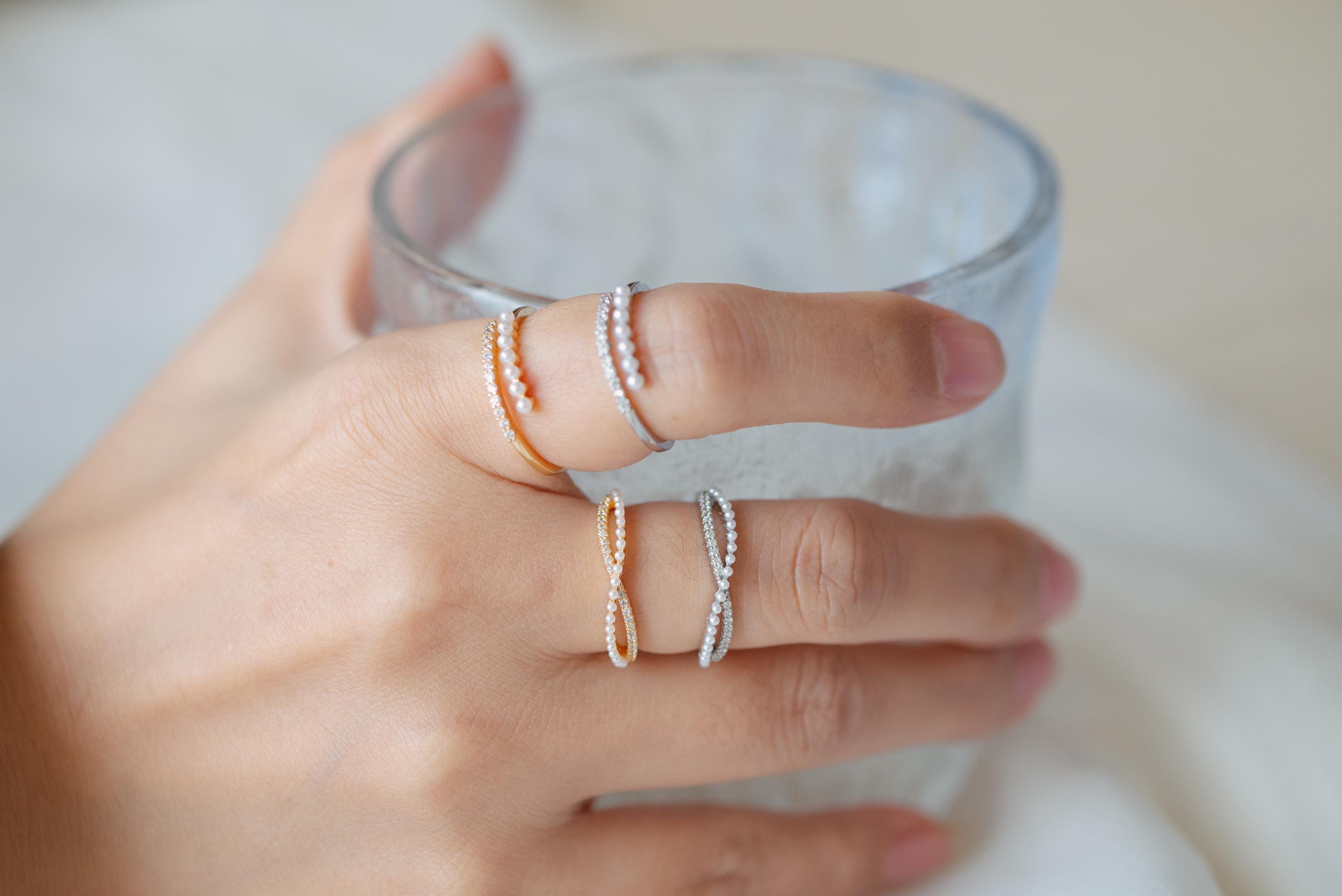4pcs CZ Pave Finger Ring, Faux Pearl Ring, Gold/ Rhodium plated Brass, Gift for Her, Dainty Ring, Adjustable Ring (#JZ-016)